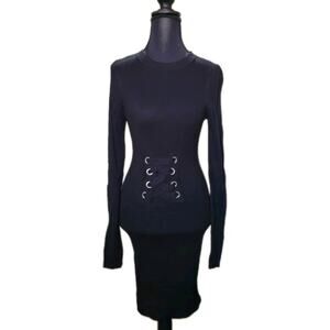 Bold Elements Womens L Black Whimsygoth Knit Ribbed Bodycon Long Sleeve Dress
